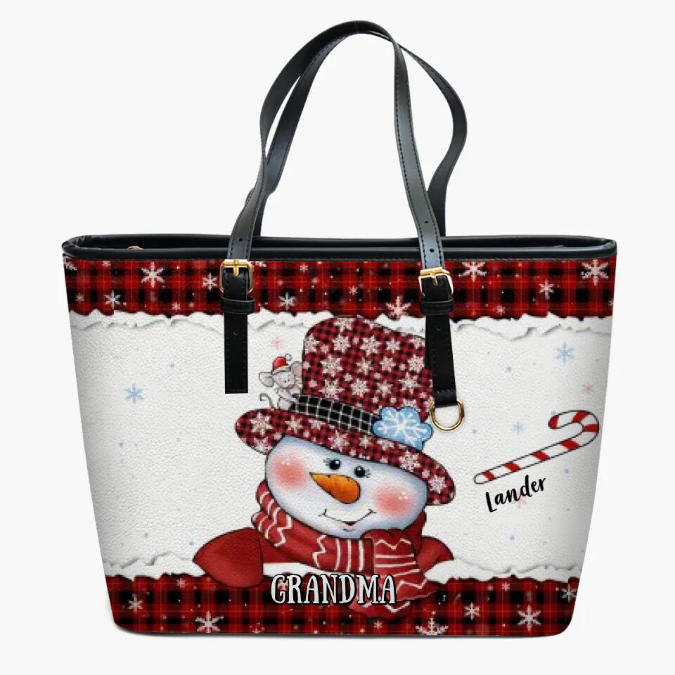 Grandma Snowman Christmas - Personalized Custom Leather Bucket Bag - Christmas Gift For Grandma