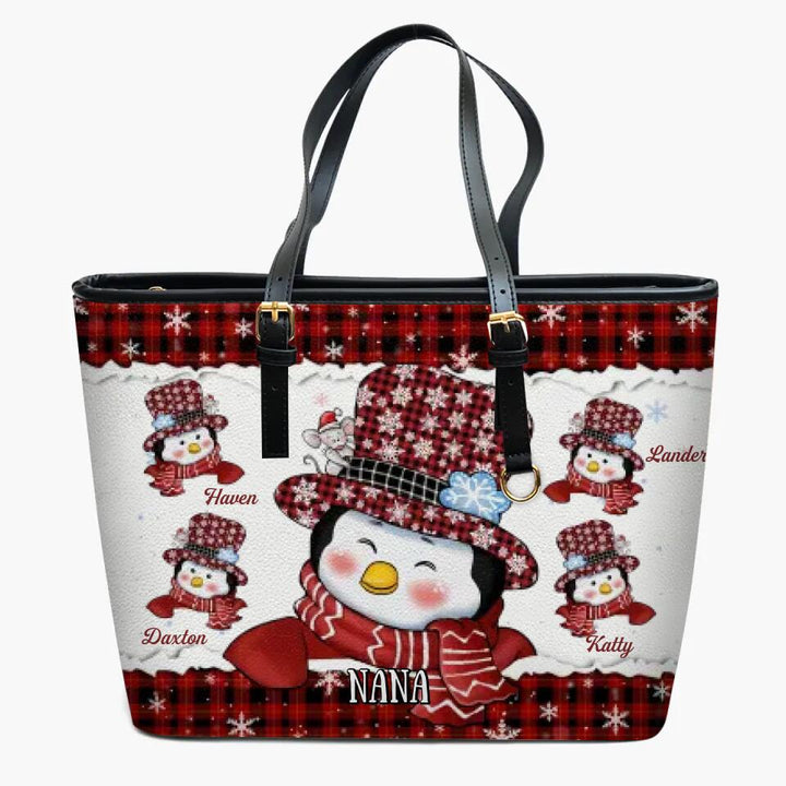 Personalized Leather Bucket Bag - Gift For Grandma - Nana Penguin ARND018