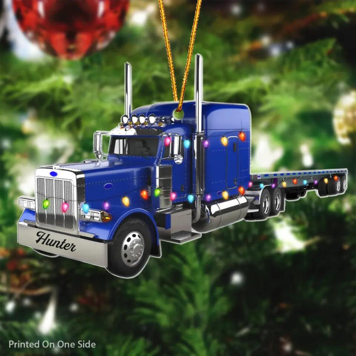 Personalized Mica Ornament - Gift For Trucker - Truck With Flatbed Trailer Christmas ARND037