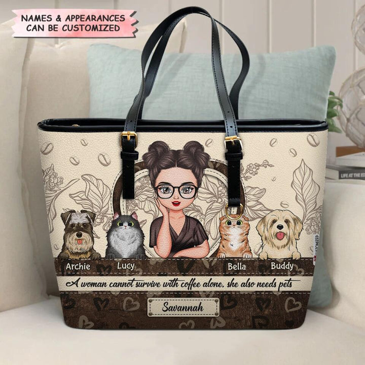 Personalized Leather Bucket Bag - Gift For Pet Lover - A Woman Can Not Survive With Coffee Alone, She Also Needs Pets ARND0014