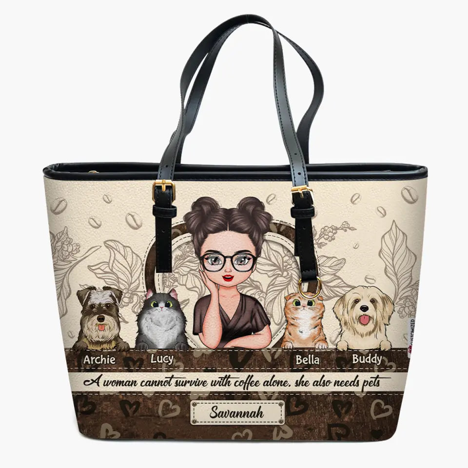 Personalized Leather Bucket Bag - Gift For Pet Lover - A Woman Can Not Survive With Coffee Alone, She Also Needs Pets ARND0014