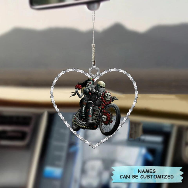 Personalized Car Hanging Ornament - Gift For Couple - Biking Skull Couple ARND018