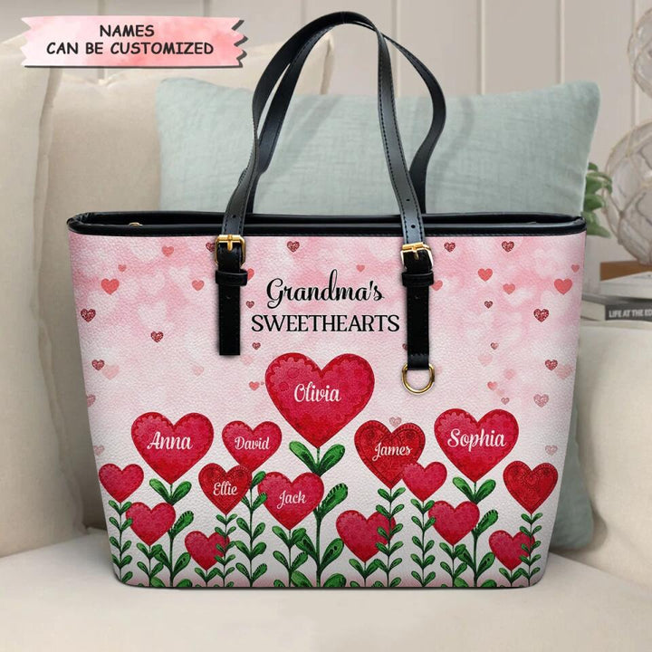Personalized Leather Bucket Bag - Gift For Grandma - Grandma's Sweethearts Flower ARND005
