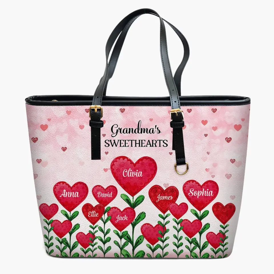 Personalized Leather Bucket Bag - Gift For Grandma - Grandma's Sweethearts Flower ARND005