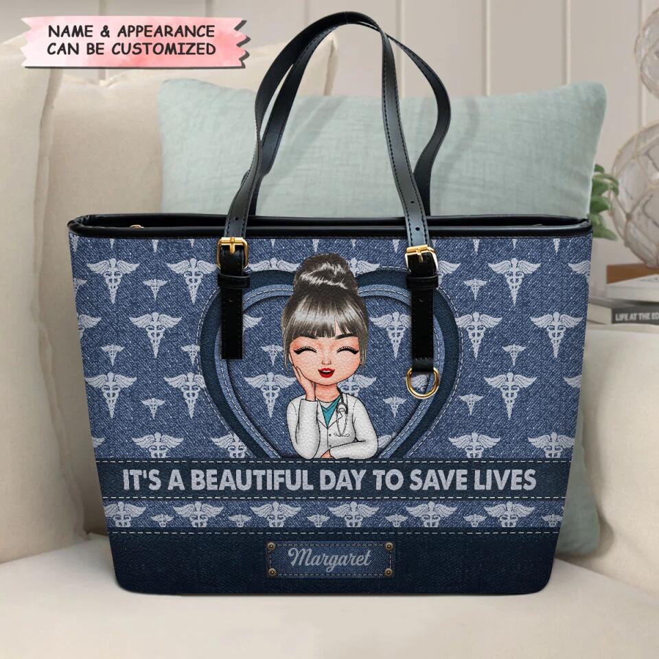 Personalized Leather Bucket Bag - Gift For Nurse - It's A Beautiful Day To Save Lives ARND018