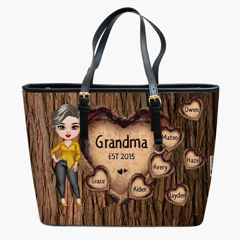 Personalized Leather Bucket Bag - Gift For Grandma - Hearts Tree ARND0014