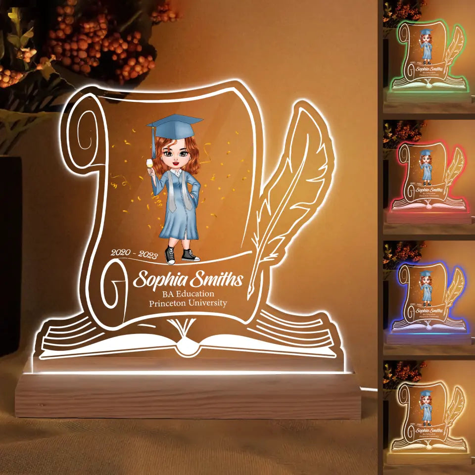 Personalized 3D LED Light Wooden Base - Gift For Graduation - Graduate Girl ARND0014