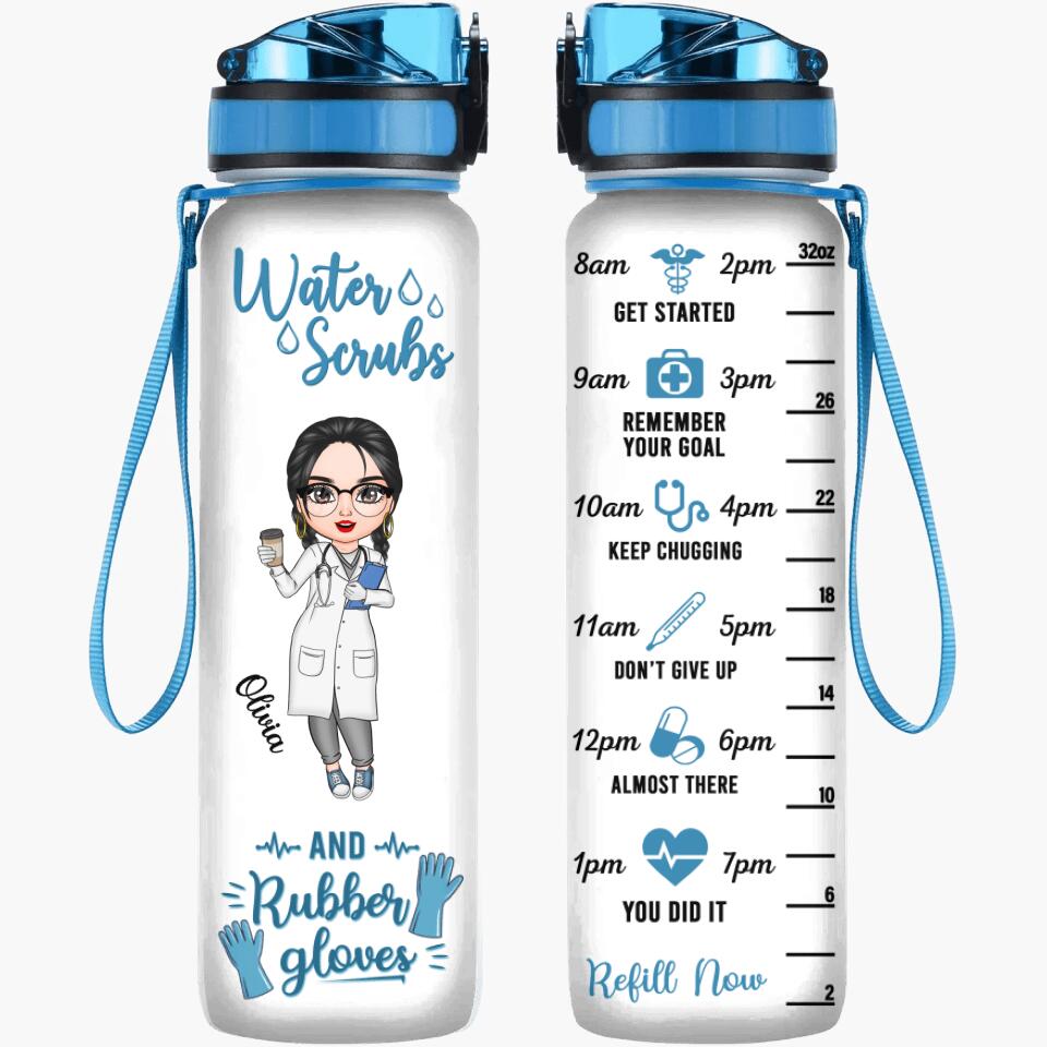Personalized Water Tracker Bottle - Gift For Nurse - Water Scrubs And Rubber Gloves