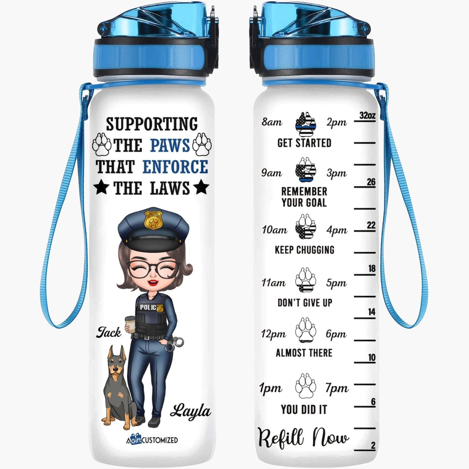 Personalized Water Tracker Bottle - Gift For Police - Supporting The Paws