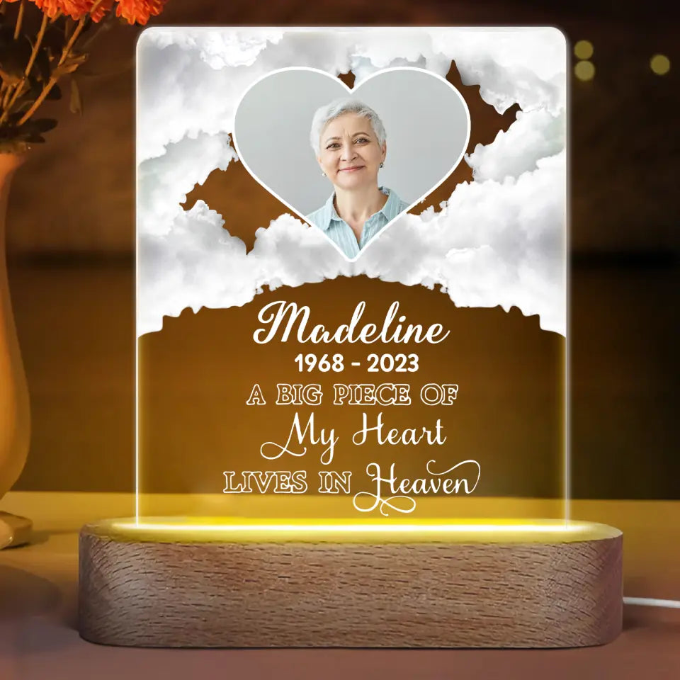 Personalized Acrylic LED Night Light - Gift For Family Member - A Big Piece Of My Heart Lives In Heaven ARND0014