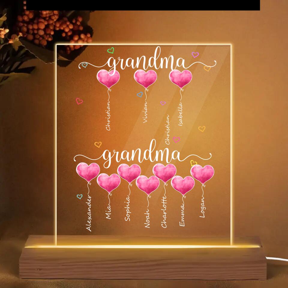 Personalized 3D LED Light Wooden Base - Gift For Grandma - Mom Grandma Hearts Balloon ARND0014