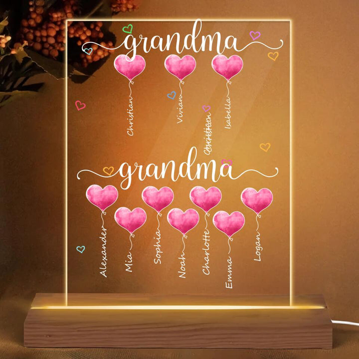 Personalized 3D LED Light Wooden Base - Gift For Grandma - Mom Grandma Hearts Balloon ARND0014