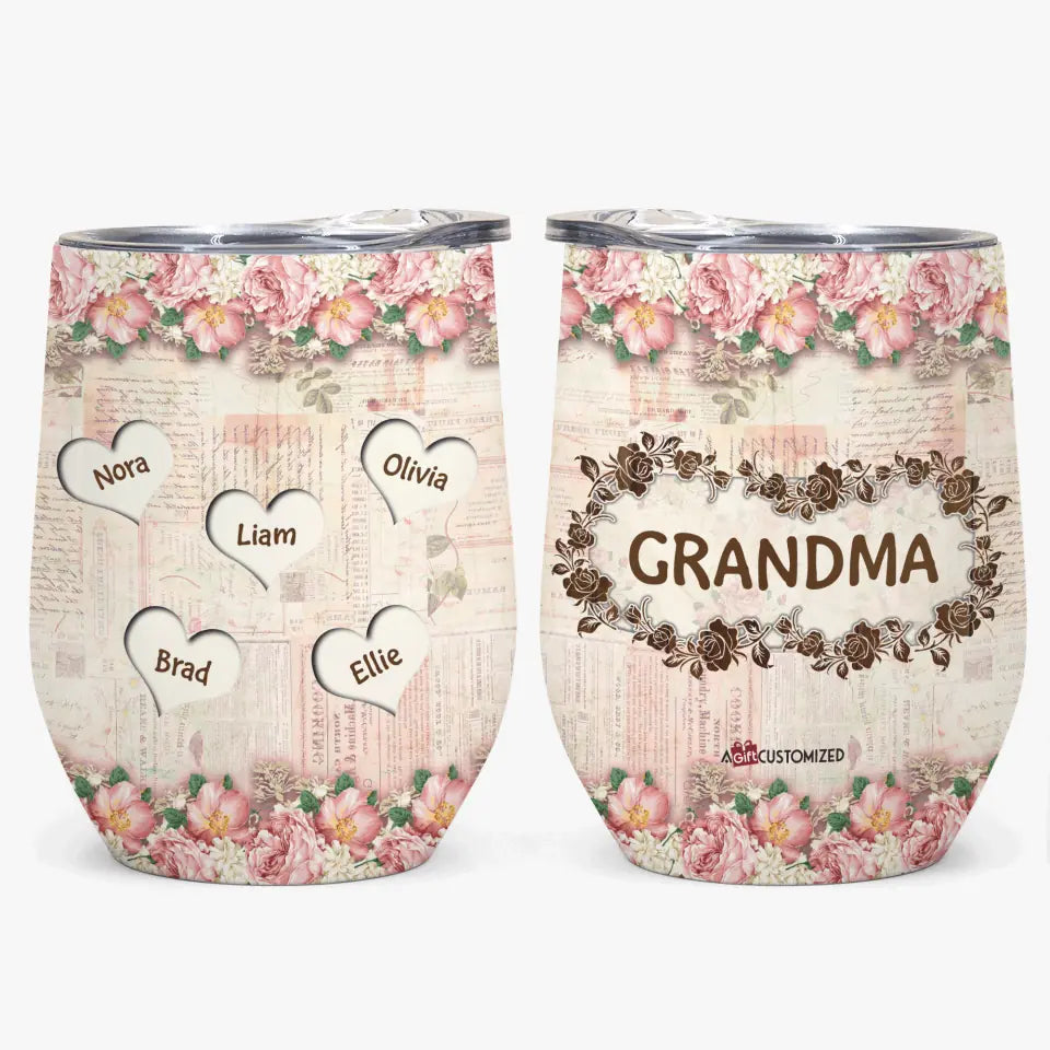 Personalized Wine Tumbler - Gift For Mom & Grandma - Floral Grandma ARND005