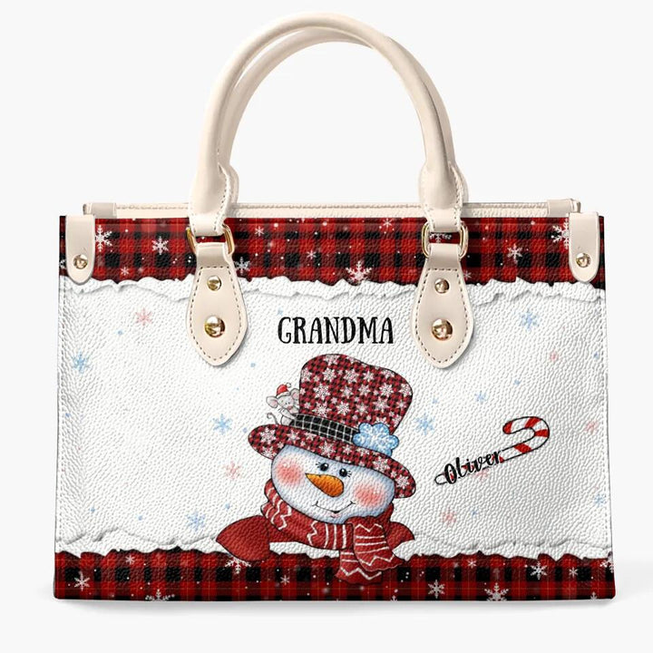 Grandma Snowman Christmas - Personalized Leather Bag - Christmas Gift For Grandma