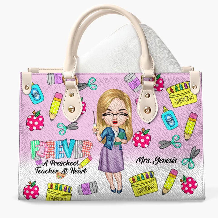 Personalized Leather Bag - Gift For Teacher - Forever A Preschool Teacher At Heart