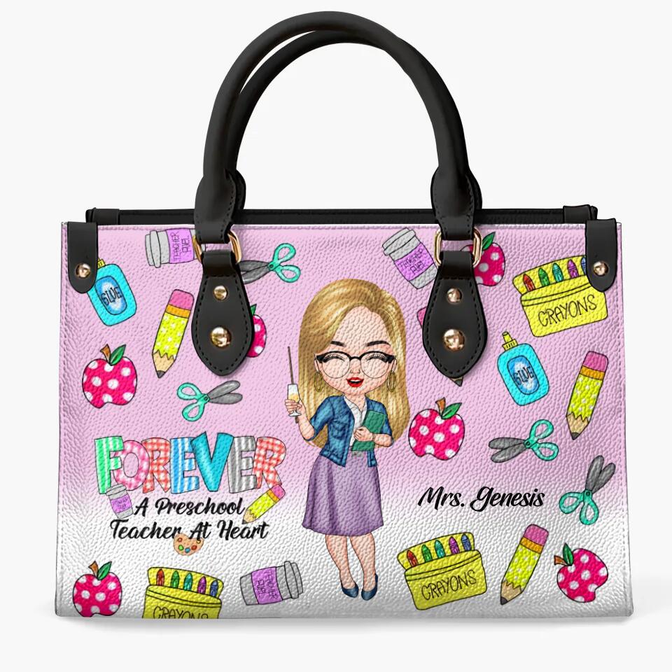 Personalized Leather Bag - Gift For Teacher - Forever A Preschool Teacher At Heart