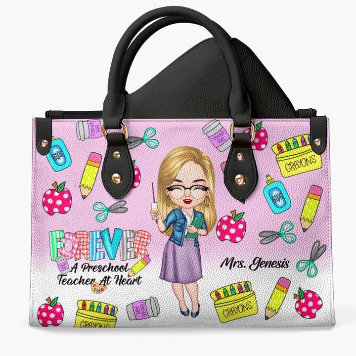 Personalized Leather Bag - Gift For Teacher - Forever A Preschool Teacher At Heart