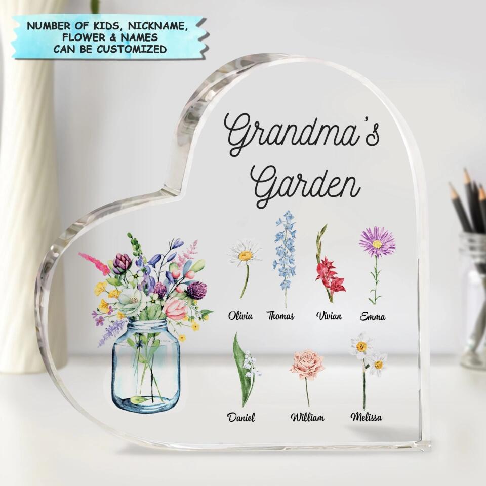 Personalized Heart-shaped Acrylic Plaque - Gift For Mom & Grandma - Grandma's Garden Flower ARND018