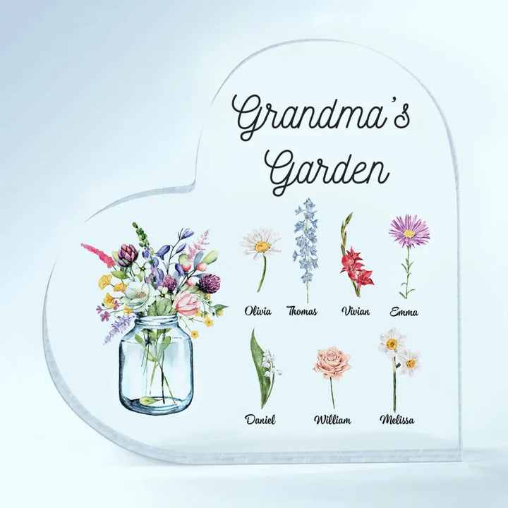 Personalized Heart-shaped Acrylic Plaque - Gift For Mom & Grandma - Grandma's Garden Flower ARND018