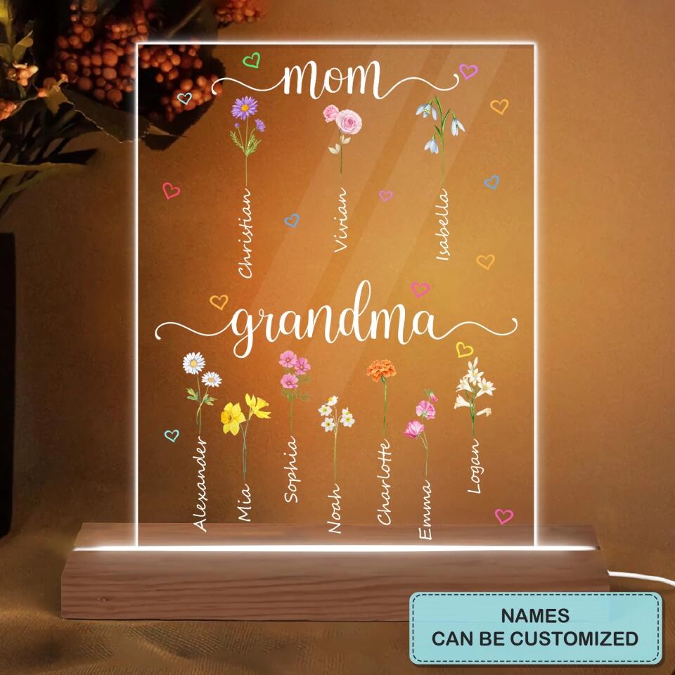 Personalized 3D LED Light Wooden Base - Gift For Mom - Mom Grandma Flower ARND0014