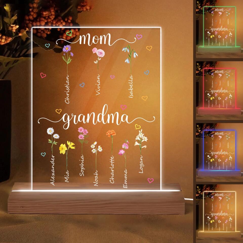 Personalized 3D LED Light Wooden Base - Gift For Mom - Mom Grandma Flower ARND0014