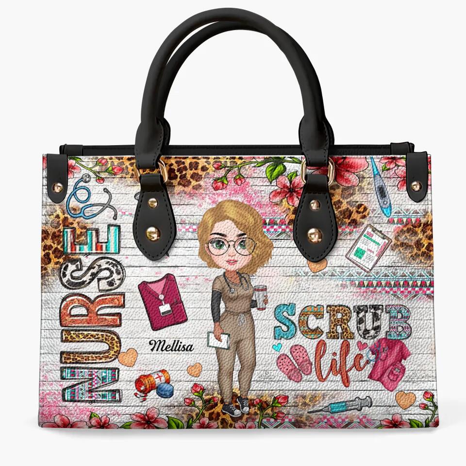 Personalized Leather Bag - Gift For Nurse - Coffee Scrubs & Rubber Gloves ARND0014