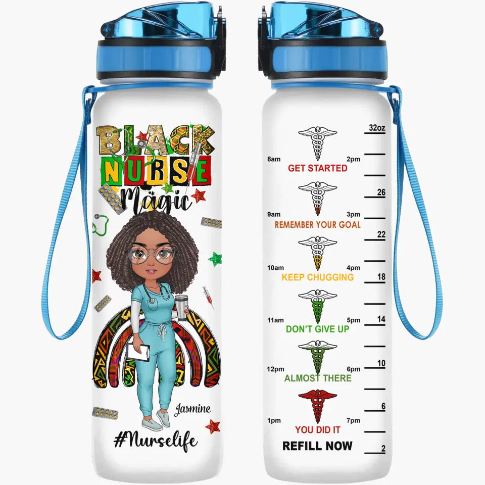 Personalized Water Tracker Bottle - Nurse's Day, Birthday Gift For Nurse - Black Nurse Magic ARND0014