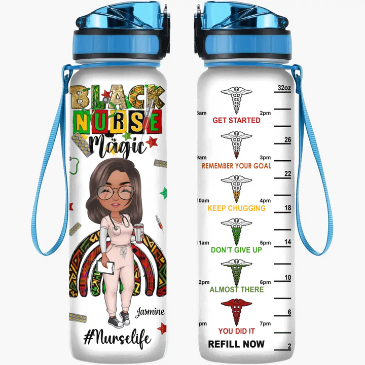 Personalized Water Tracker Bottle - Nurse's Day, Birthday Gift For Nurse - Black Nurse Magic ARND0014