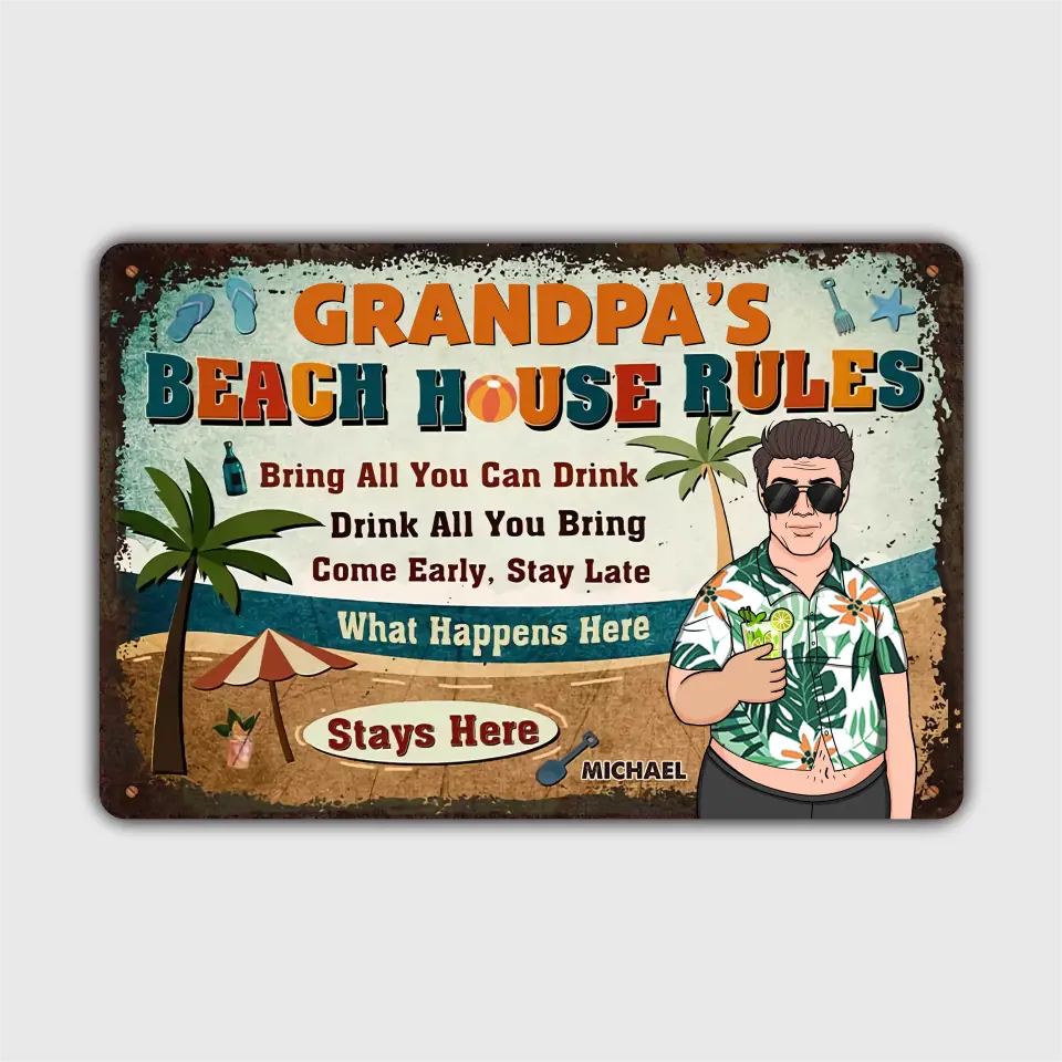 Personalized Metal Sign - Father's Day Gift For Dad, Grandpa - Beach House Rules ARND018
