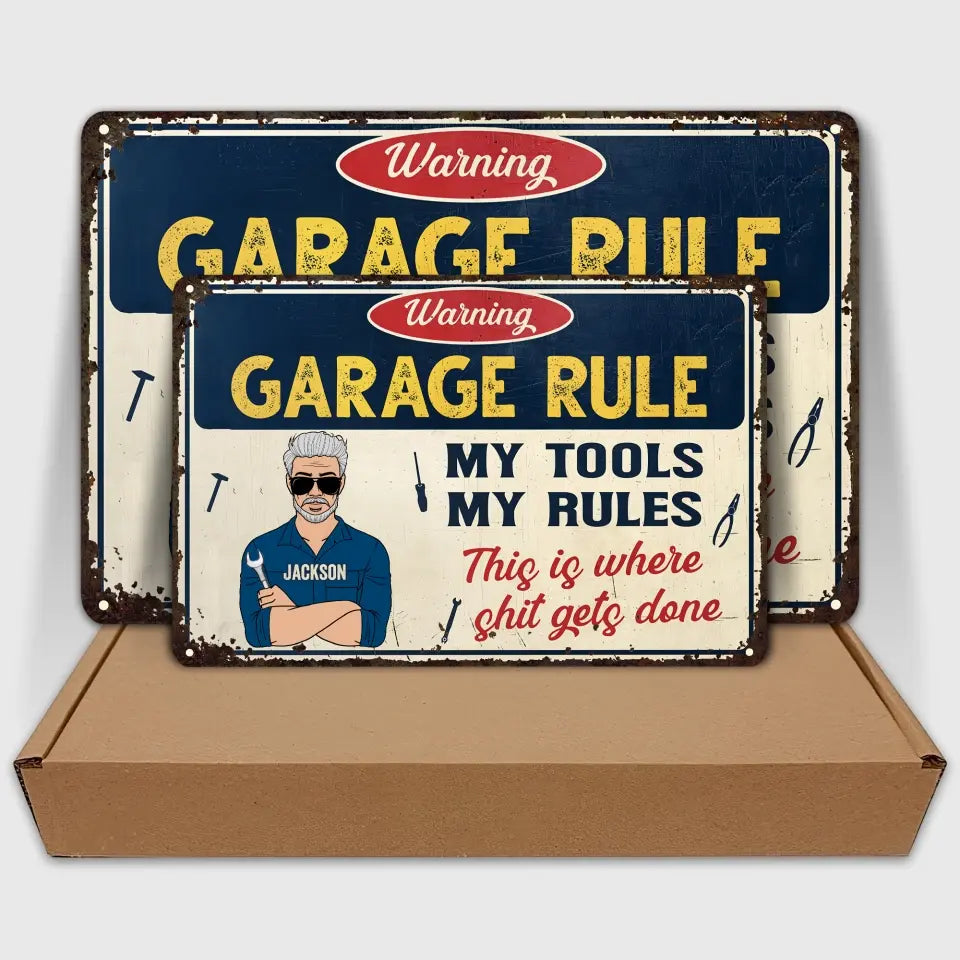 Personalized Metal Sign - Father's Day Gift For Dad, Grandpa - Garage Rule Warning ARND005