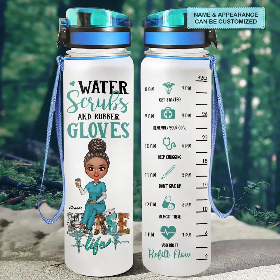 Personalized Water Tracker Bottle - Nurse's Day, Birthday Gift For Nurse - Water Scrubs And Rubber Gloves ARND005