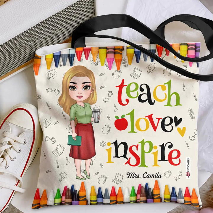 Personalized Tote Bag - Teacher's Day, Birthday Gift For Teacher - Teach Love Inspire ARND005
