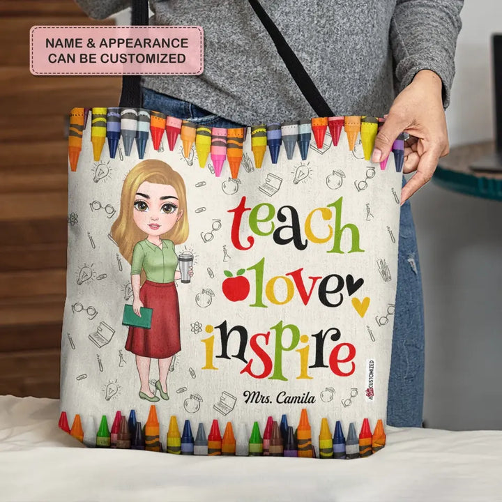 Personalized Tote Bag - Teacher's Day, Birthday Gift For Teacher - Teach Love Inspire ARND005