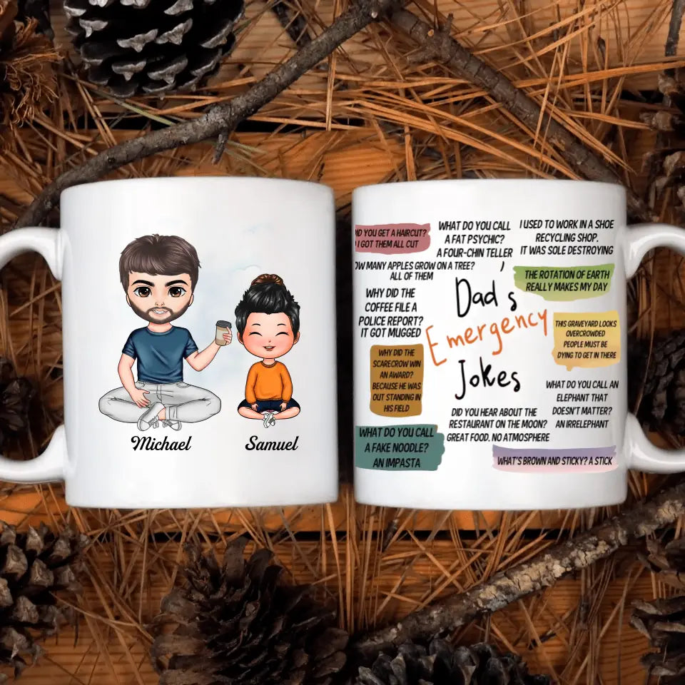 Personalized White Mug - Father's Day Gift For Dad, Grandpa - Dad's Emergency Jokes ARND0014