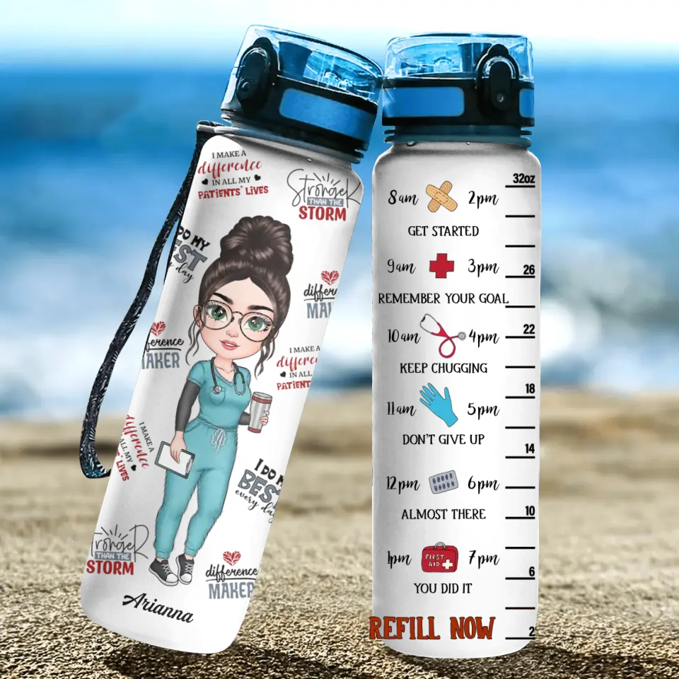 Personalized Water Tracker Bottle - Nurse's Day, Birthday Gift For Nurse - Water Scrubs And Rubber Gloves ARND036