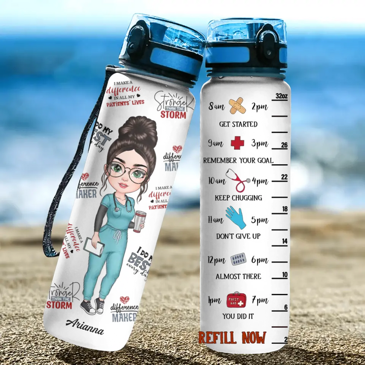 Personalized Water Tracker Bottle - Nurse's Day, Birthday Gift For Nurse - Water Scrubs And Rubber Gloves ARND036