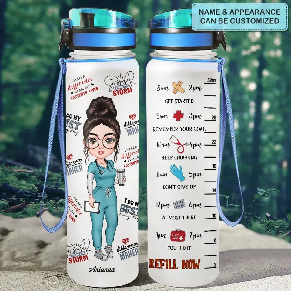 Personalized Water Tracker Bottle - Nurse's Day, Birthday Gift For Nurse - Water Scrubs And Rubber Gloves ARND036