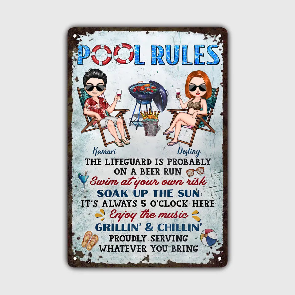 Personalized Metal Sign - Gift For Couple - Pool Rules Swim At Your Own Risk ARND0014