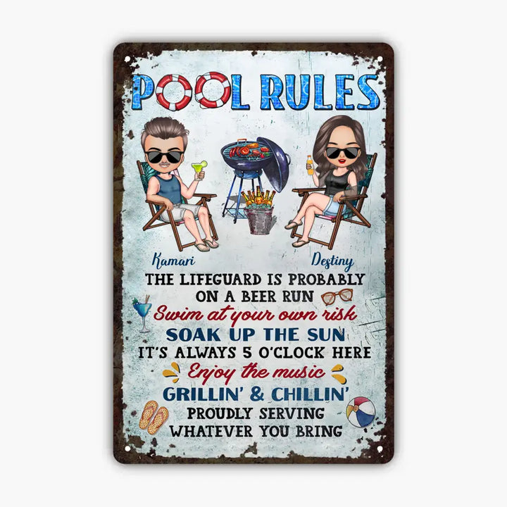 Personalized Metal Sign - Gift For Couple - Pool Rules Swim At Your Own Risk ARND0014