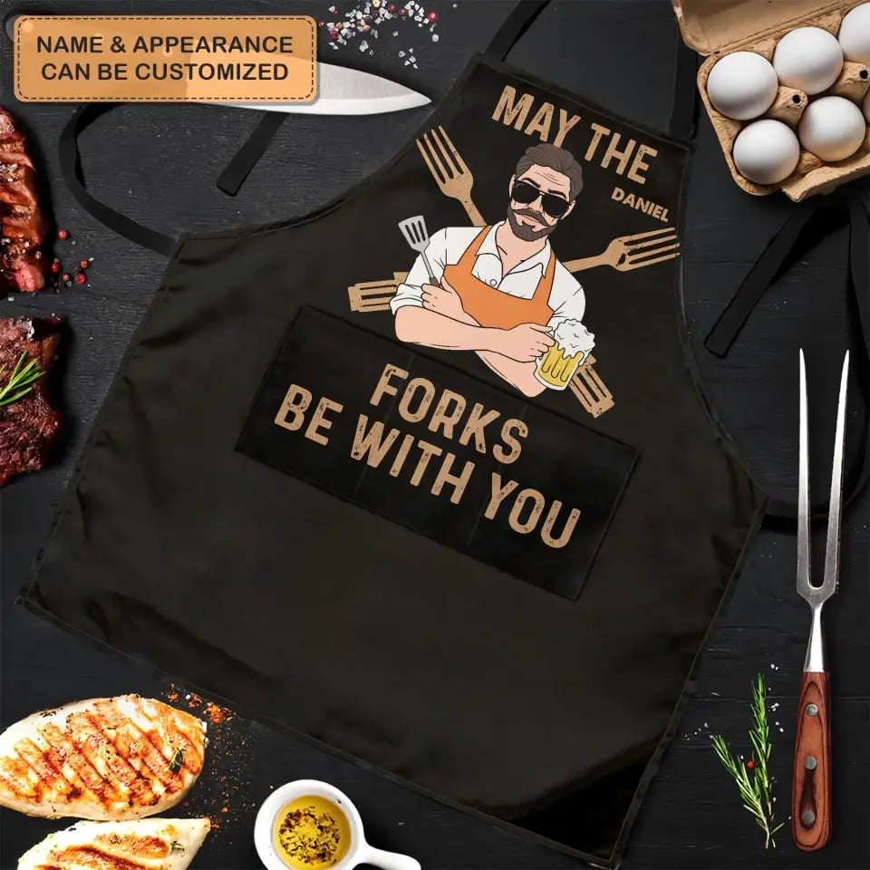Personalized Apron - Father's Day Gift For Dad, Grandpa - May The Forks Be With You ARND005