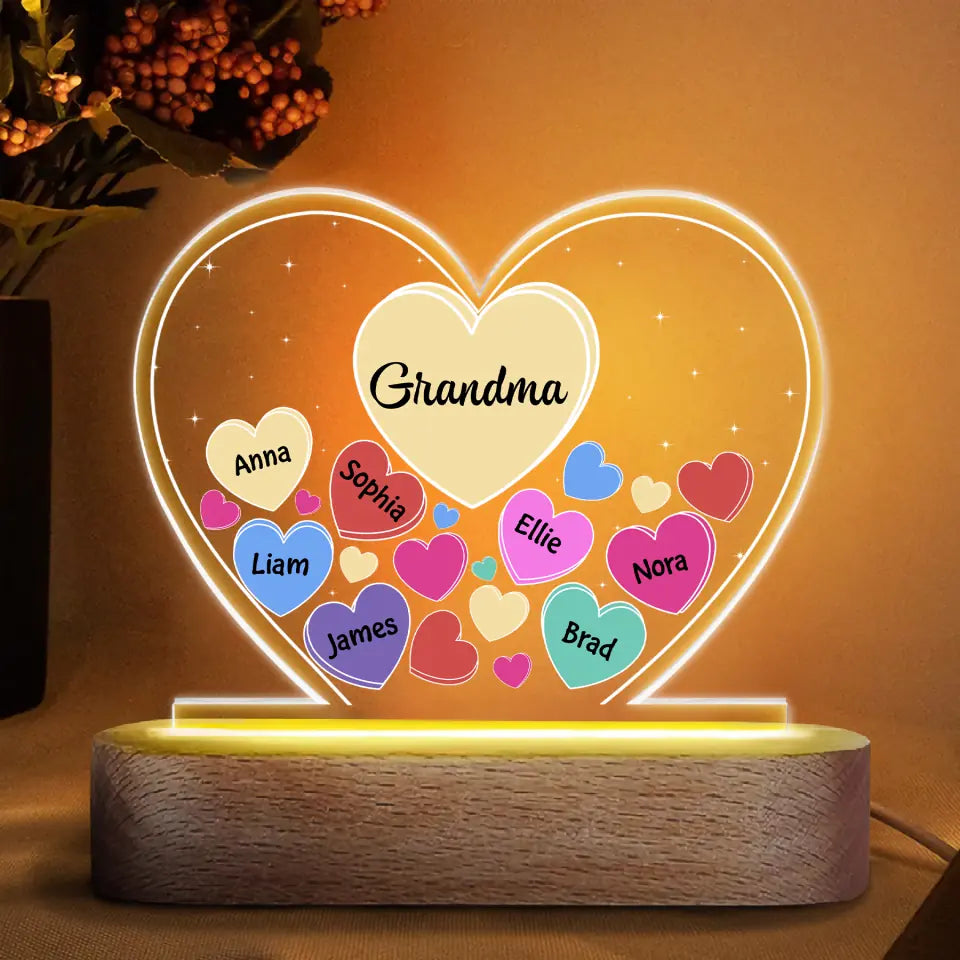 Personalized Acrylic LED Night Light - Mother's Day Gift For Grandma - Hearts In Heart