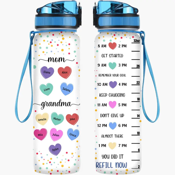 Personalized Water Tracker Bottle - Mother's Day, Birthday Gift For Mom, Grandma - Mom Grandma Hearts ARND018