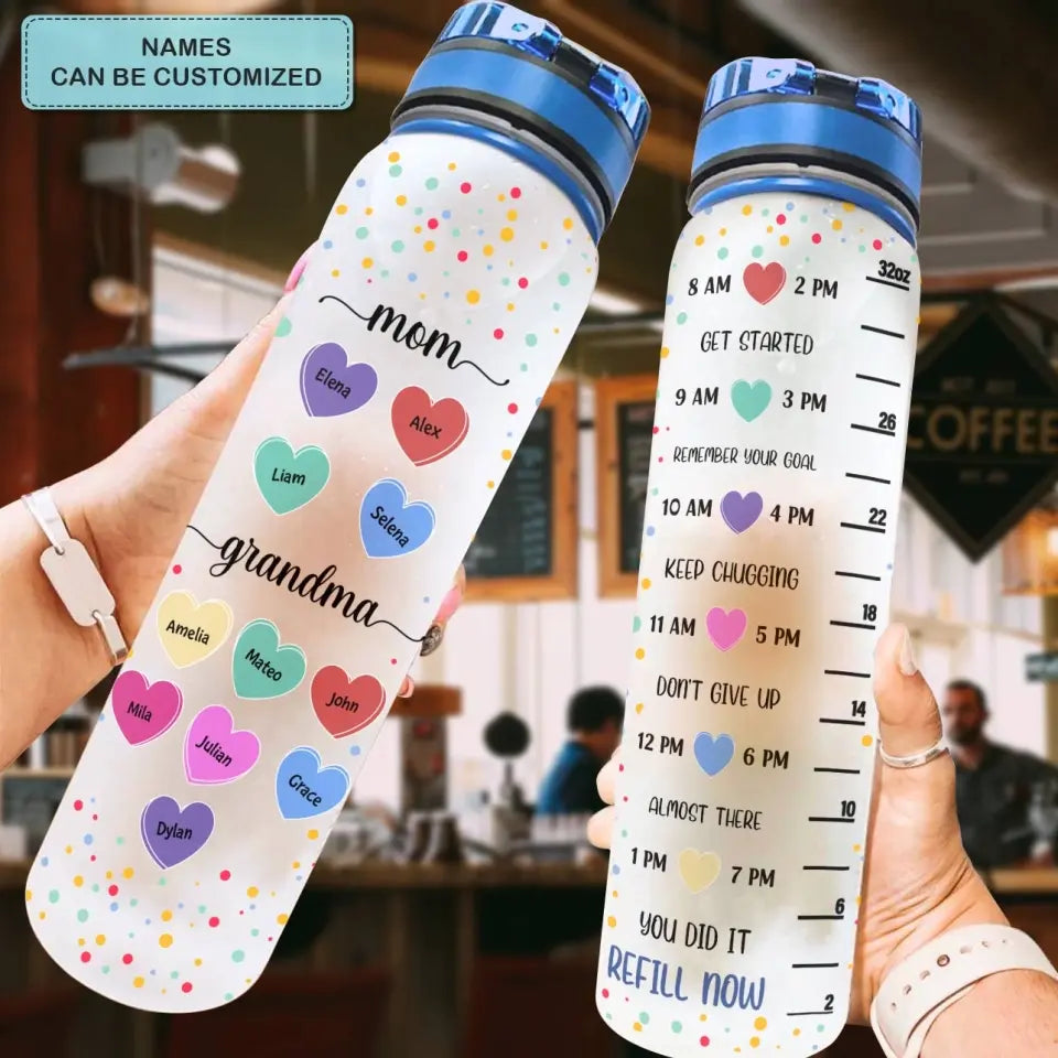 Personalized Water Tracker Bottle - Mother's Day, Birthday Gift For Mom, Grandma - Mom Grandma Hearts ARND018