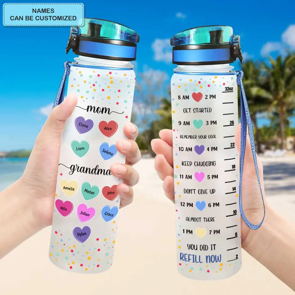 Personalized Water Tracker Bottle - Mother's Day, Birthday Gift For Mom, Grandma - Mom Grandma Hearts ARND018