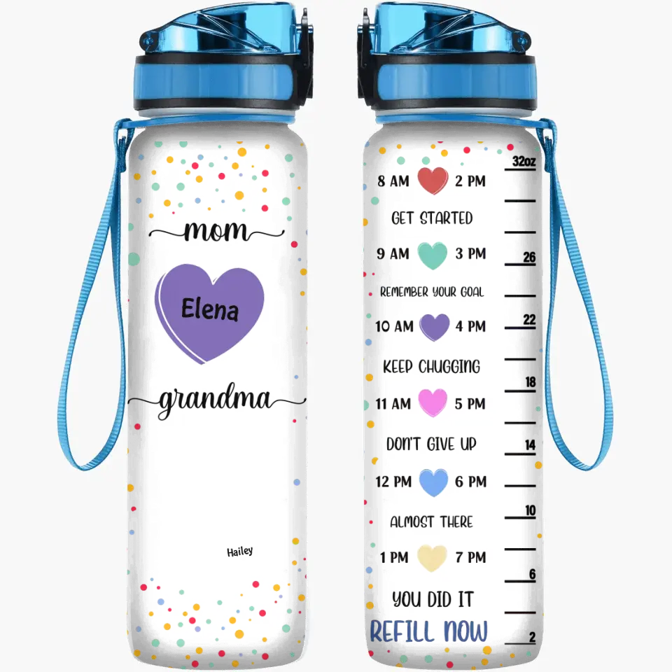 Personalized Water Tracker Bottle - Mother's Day, Birthday Gift For Mom, Grandma - Mom Grandma Hearts ARND018