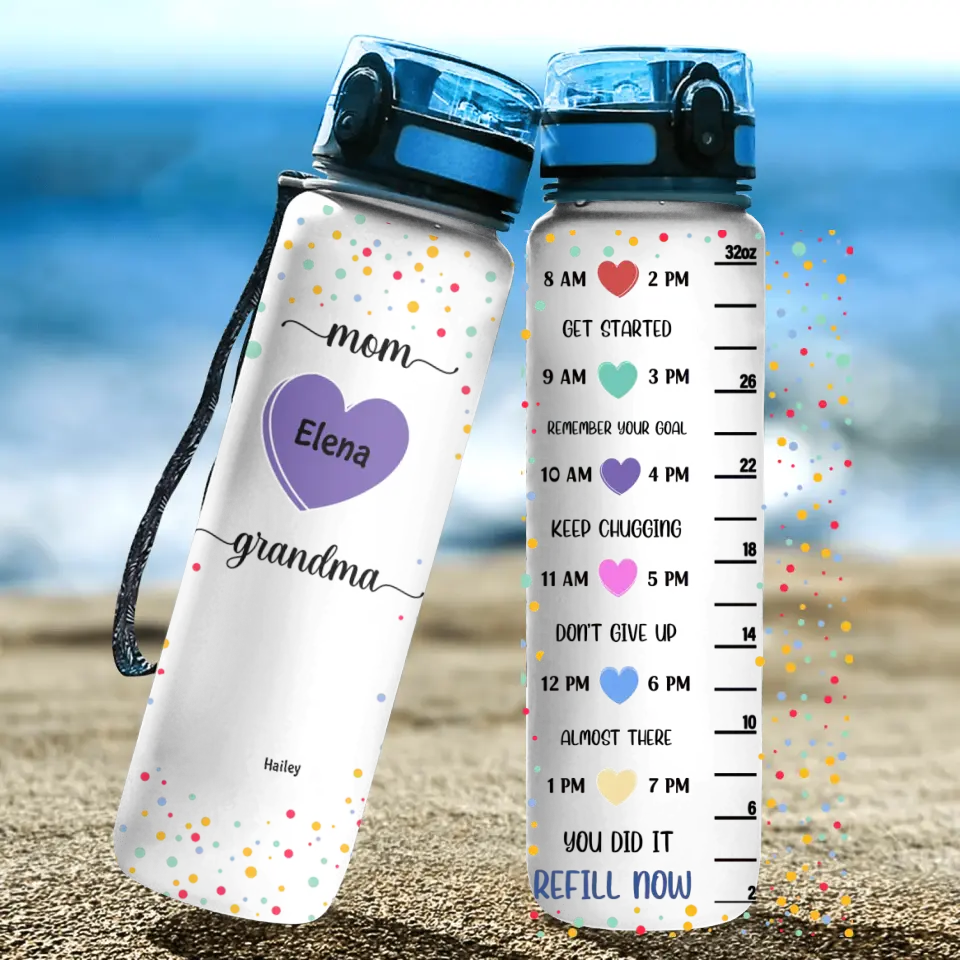 Personalized Water Tracker Bottle - Mother's Day, Birthday Gift For Mom, Grandma - Mom Grandma Hearts ARND018