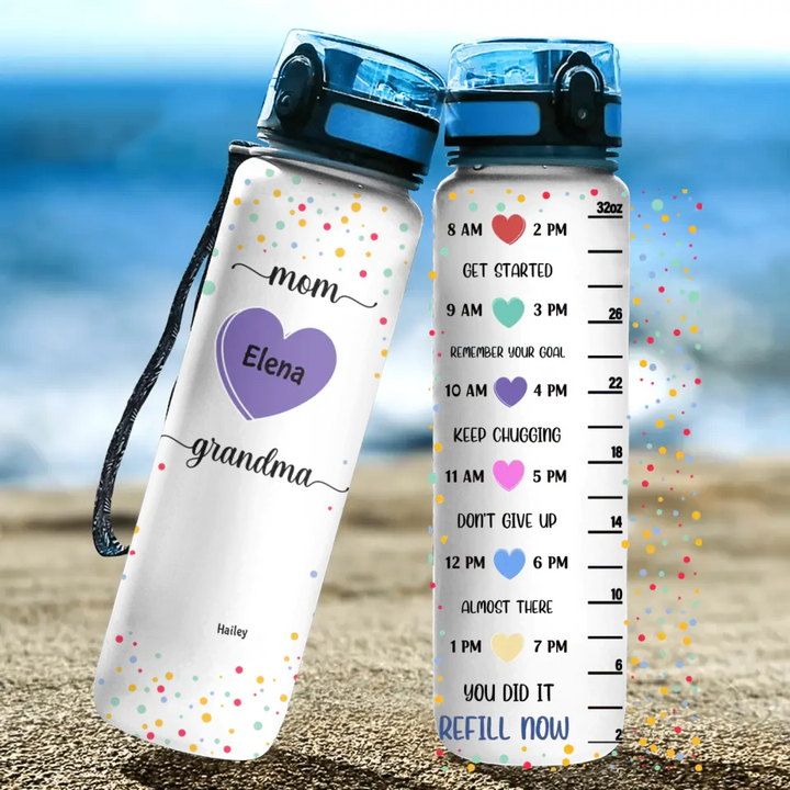 Personalized Water Tracker Bottle - Mother's Day, Birthday Gift For Mom, Grandma - Mom Grandma Hearts ARND018