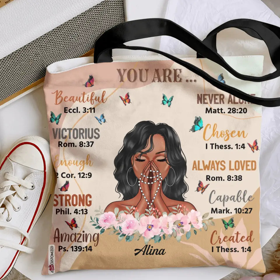 Personalized Tote Bag - Gift For Black Woman - You Are Beautiful Victorious Never Alone Jesus Bible ARND0014