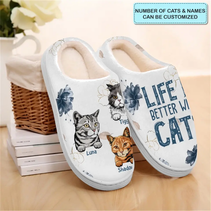 Personalized Slippers - Birthday Gift For Cat Lover, Cat Dad, Cat Mom - Life Is Better With Cats ARND0014