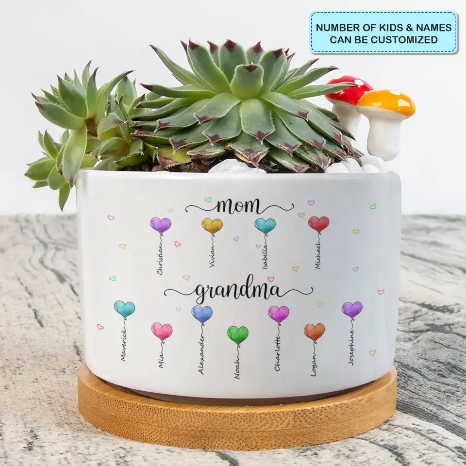 Personalized Plant Pot - Mother's Day, Birthday Gift For Grandma, Mom - Mom Grandma Heart Balloons ARND0014